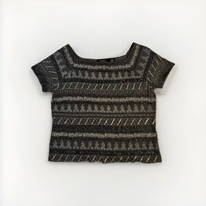 Dana Buchman Neiman Marcus Size XL Black Mesh Embroidered Beaded Short Sleeve